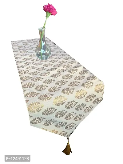 Pink parrot Jacquard Silk with Gold jari Table Runner Size 12x70 inch 1 pc -Beige-thumb0