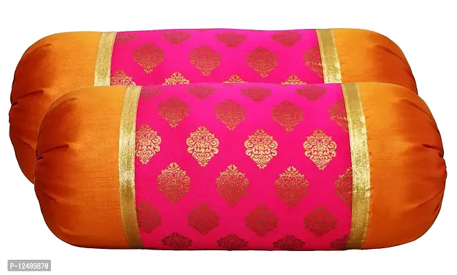 VIREO Jacquard Pink Art Silk Bolster 16x30 inch Set of 2 pcs-007-thumb0