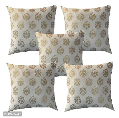 PINK PARROT Jacquard Silk with Gold Motiv Cushion Cover (Off White, 12x12 inch), Set 5 pcs-thumb0
