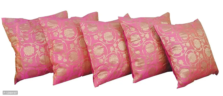 PINK PARROT Polyester Blend Self Design Jacquard Square 16x 16 Inches Cushion Cover -Multicolour-Set of 5-thumb0