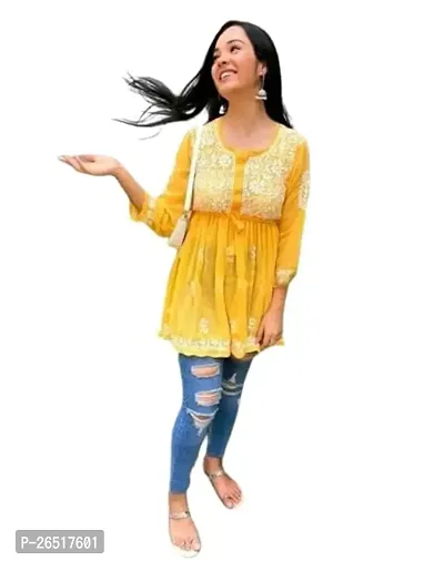 Aristada Ganesh Creation Chikankari Georgette Embroidery Tunic Top for Women Yellow Color Size-L