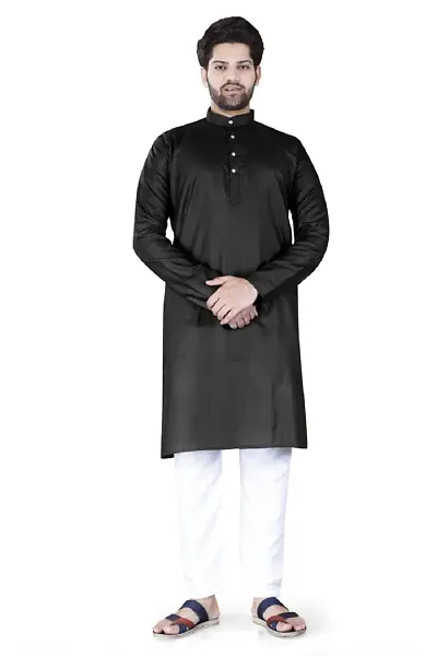 Aristada Men's Blend Full Sleeve Henley Neck Knee Length Solid Kurta with Pajama Set-Comfortable and Versatile (Kurta Set)