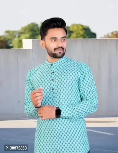 Reliable Green Cotton Blend Printed Short Length Kurta For Men