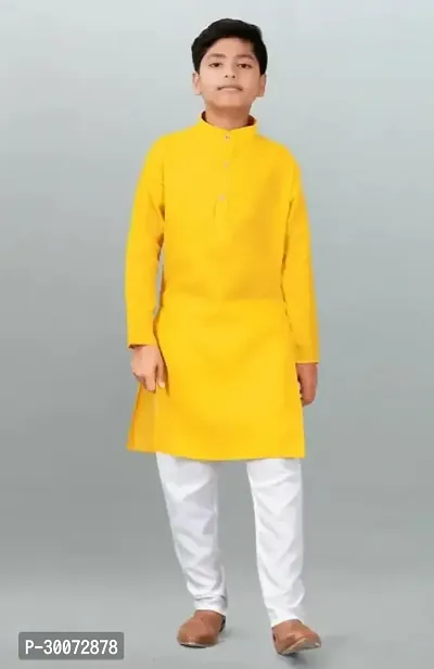 Stylish Cotton Solid Yellow Kurta With White Pyjama Set For Boys-thumb0