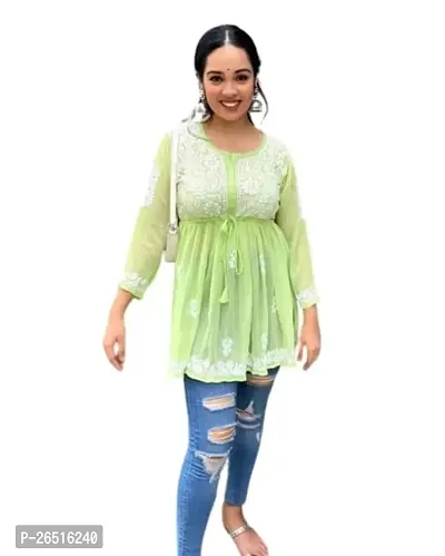 Aristada Ganesh Creation Chikankari Georgette Embroidery Tunic Top for Women Pista Color Size-XXL