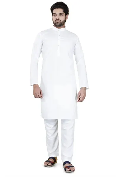 Aristada Men's Blend Full Sleeve Henley Neck Knee Length Solid Kurta with Pajama Set-Comfortable and Versatile (Kurta Set)