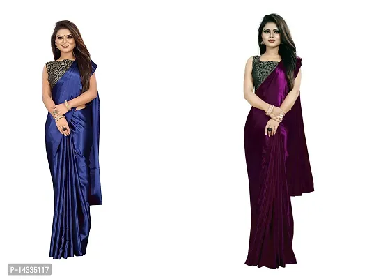 Stylish Satin Solid Saree With Blouse Piece For Women Pack Of 2