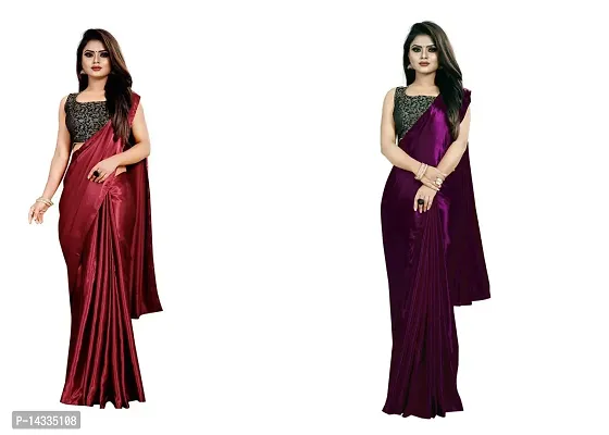 Stylish Satin Solid Saree With Blouse Piece For Women Pack Of 2