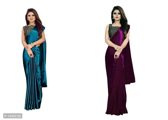 Stylish Satin Solid Saree With Blouse Piece For Women Pack Of 2