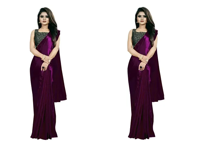 Stylish Satin Solid Saree With Blouse Piece For Women Pack Of 2