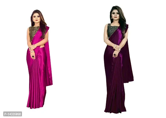 Stylish Satin Solid Saree With Blouse Piece For Women Pack Of 2