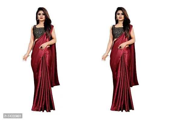 Stylish Satin Solid Saree With Blouse Piece For Women Pack Of 2