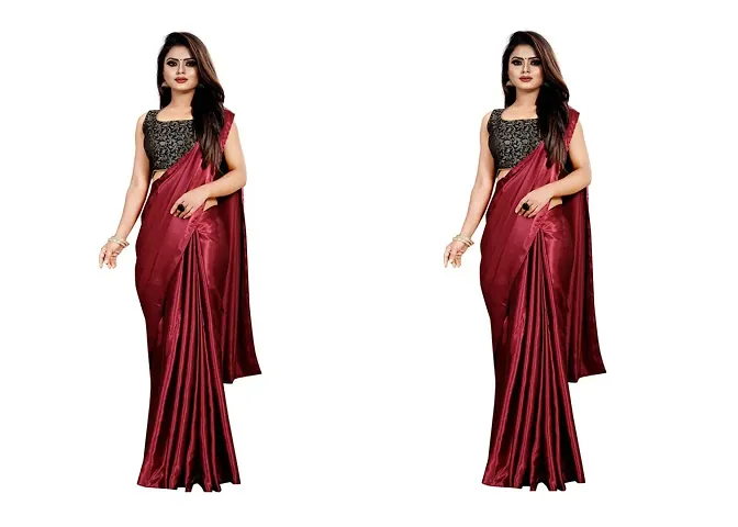 Stylish Satin Solid Saree With Blouse Piece For Women Pack Of 2