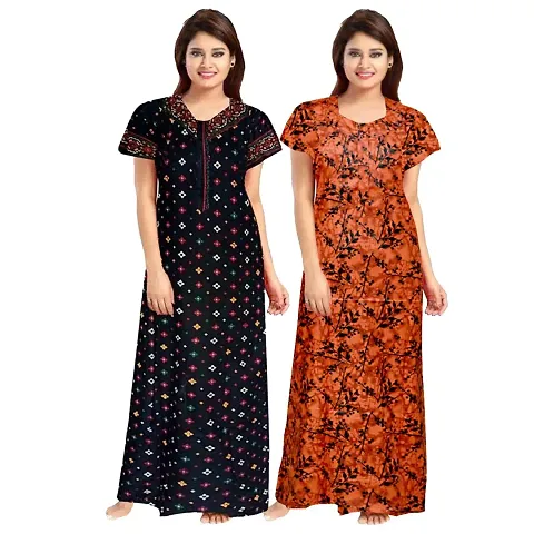 Lorina 100% Cotton Nighty for Women || Long Length Printed Nighty/Maxi/Night Gown/Night Dress/Nightwear Inner & Sleepwear for Women's (Combo Pack of 2)