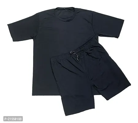 Elegant Black Polycotton Solid Tees with Short Set For Men