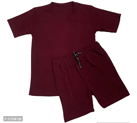 Elegant Maroon Polycotton Solid Tees with Short Set For Men-thumb0