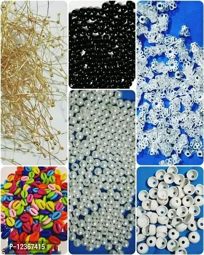 Jewellery finding for jewellery making Black Beads(5mm)  White(6 mm), Bead Cap, Round Headed ball pins, Multicolor Cowrie shell with Jhumka Base (25 Pcs each)