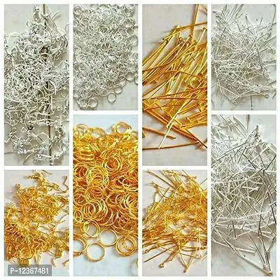 Jewellery Making Kit of Golden and Silver Head pin + Eye Pin + Small Jump Rings + Hook (25 pcs Each - Total - 200 pcs)-thumb2