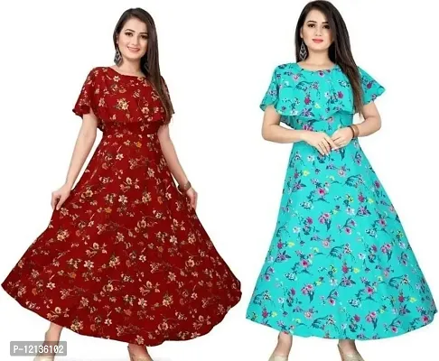 Stylish Multicoloured Crepe Printed Flared Kurta For Women Pack Of 2-thumb0