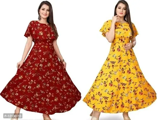 Stylish Multicoloured Crepe Printed Flared Kurta For Women Pack Of 2