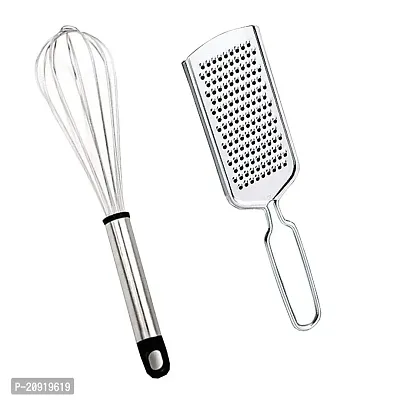 VMB Bond Combo of 2 Steel Kitchen Accessories for Cooking Whisker and Mini Grater Steel Kitchen Items Cutlery for Home Cooking Atta Beater and Cheese Khamni for Everyday Use Pack of 2 Silver