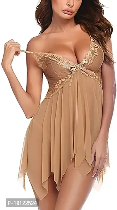 Lace Babydolls Lingerie for Honeymoon, Babydolls Night Dresses for Women, Nighty for Sexy Women Color-Golden-thumb2