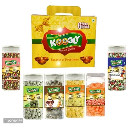 KOGGLY Super Saver Gift Pack of 6 Yummy Mouth Freshener Manchali Imli + Orange Candy + Mango Candy + Italian Mix + punjabi mix + pudina laddu   Diwali Gift-thumb0