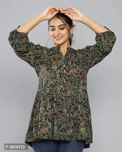 Stylish Floral Printed V Neck Western Wear Top and Tunic with Show Button for Women and Girls-thumb0