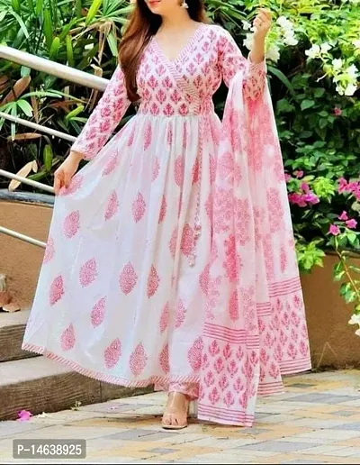 Women Floral Printed Ankle Length Gown Kurta Kurti with Printed Dupatta Set-thumb3