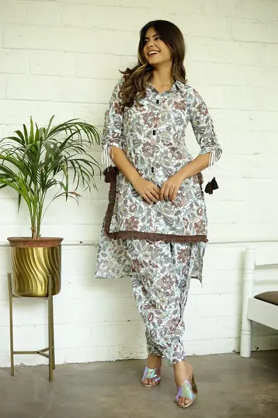 Trending Stylish Afghani Style Floral Print and Embroidery Work Kurti Kurta with Afghani Pants Set