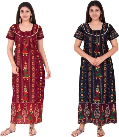 Womens Cotton Printed Nighty/Night Gown Pack Of 2