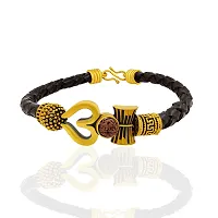 Classic Gold Plated Om Damru Designed Brown Leather Bracelet For Men-thumb2