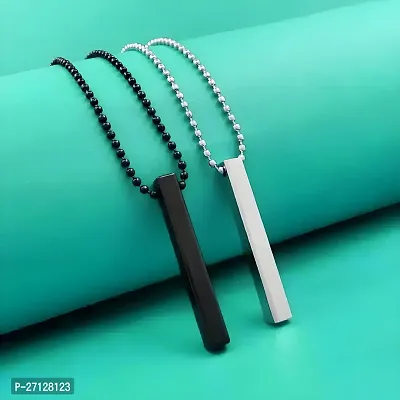 Stylish Silver- Black 3D Vertical Bar pendant Stainless Steel Locket Set-thumb0