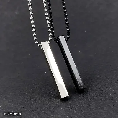 Stylish Silver- Black 3D Vertical Bar pendant Stainless Steel Locket Set-thumb5
