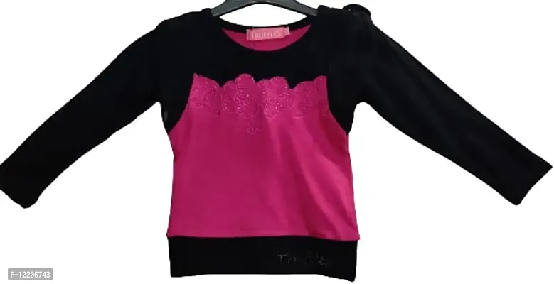 Truffles Girls Black & Pink Full Sleeve Round Neck Polyester Fabric Self Design Sequence Straight Tops