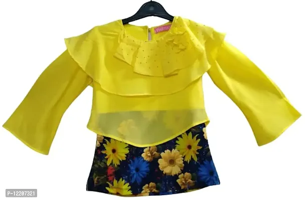 Truffles Girls Yellow Georgette Fabric Full Sleeve Round Neck Printed Straight Tops