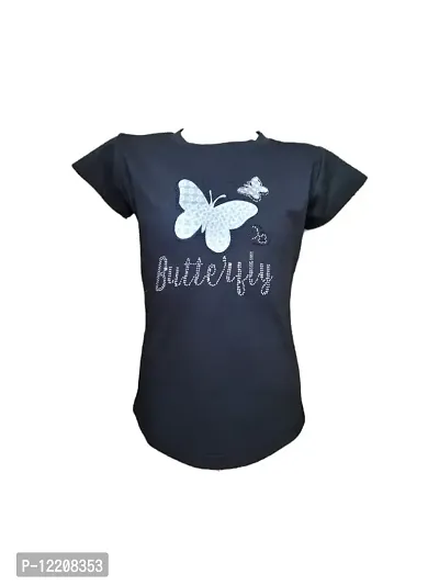 Truffles Girls Black Butterfly Print & Stone Work Short Sleeve T-Shirt Tops