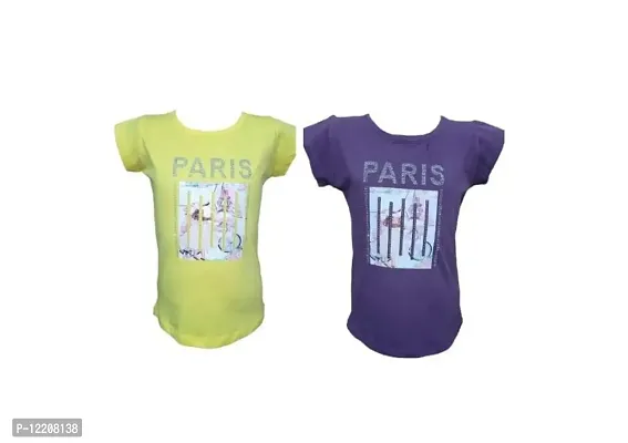 Truffles Girls Yellow & Purple Paris Eiffel Tower Print Front Stone Work Regular Fit T-Shirt Tops (Set of 2)