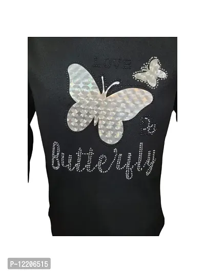 Truffles Girls Black Butterfly Print & Stone Work T-Shirt Tops-thumb3