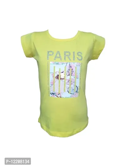 Truffles Girls Yellow Paris Eiffel Tower Print Front Stone Work Straight Fit T-Shirt Tops-thumb0