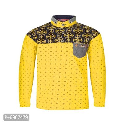 Naughteez Boy Yellow Full Sleeve Mandarin Collar Printed T-Shirt-thumb0