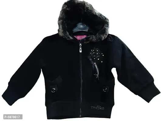 Truffles Girls Black Full Sleeve Hooded Neck Poly Fill With Sweater Knit Fabric Front Zipper Closure, 2 Pocket Winter Wear Jacket