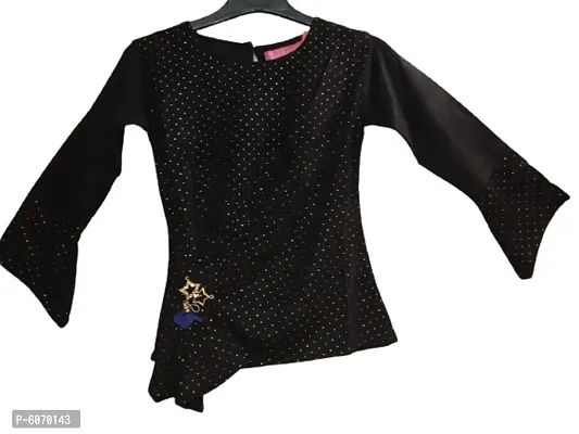 Truffles Girls Black Front Stone Work Full Sleeve Round Neck Straight Tops