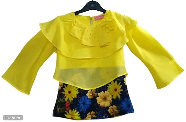 Truffles Girls Yellow Georgette Fabric Full Sleeve Round Neck Printed Straight Tops-thumb0