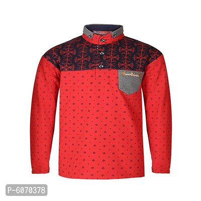 Naughteez Boy Red Full Sleeve Mandarin Collar Cotton Hosiery Printed T-Shirt