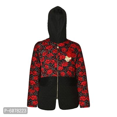 Truffles Girls Red and Black Full Sleeve Hooded Neck Printed Winter Wear Zipper Closure Sweatshirts