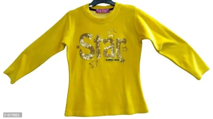 Truffles Girls Yellow Full Sleeve Round Neck Embellished Print Straight Tops and Tunics
