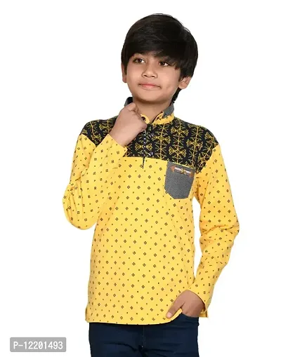 Naughteez Boys Yellow  Navy Printed T-Shirt Full Sleeve Round Neck Regular Fit