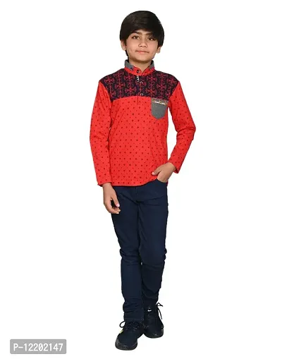 Naughteez Boys Red  Navy Printed T-Shirt Full Sleeve Stand Collar Regular Fit