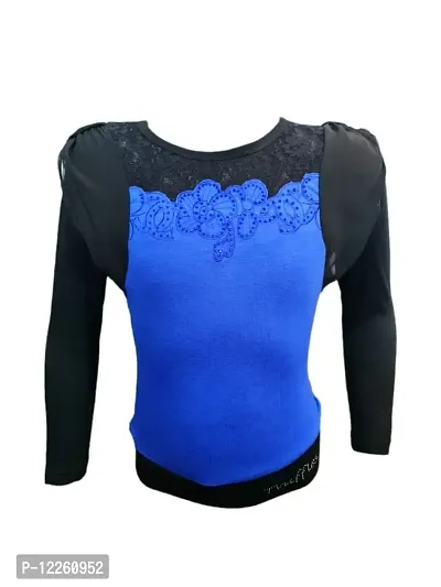 Truffles Girls Blue  Black Full Sleeve Round Neck Cotton Hosiery Fabric Self Design Sequence Tops